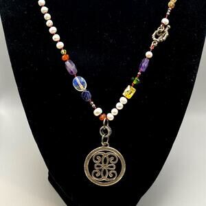 Handmade Medallion Pendant Necklace Amethyst Spinel Freshwater Pearl 18 1/2"